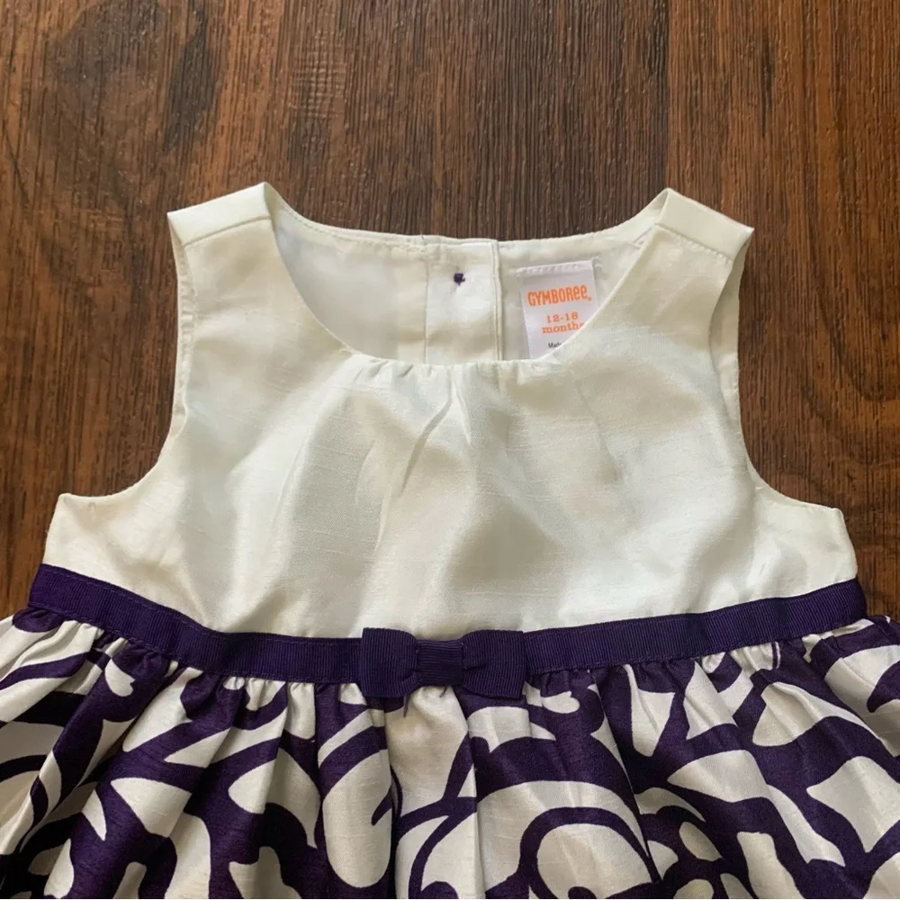 Gymboree Dress size 12-18 months, layered cream top purple abstract pattern